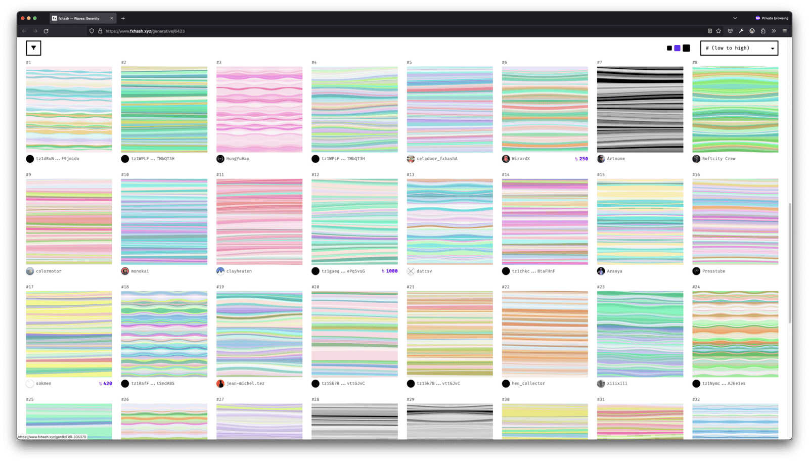 Screenshot of the live Waves: Serenity generative collection on fxhash, 2022.