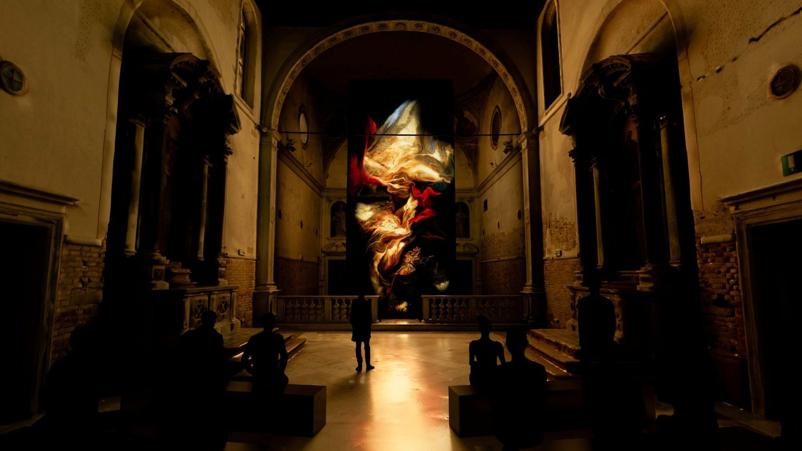 Boundaries by Memo Akten and Katie Hofstadter. Rendered installation view at Chiesa di Santa Maria della Visitazione, Venice Biennale 2024.
